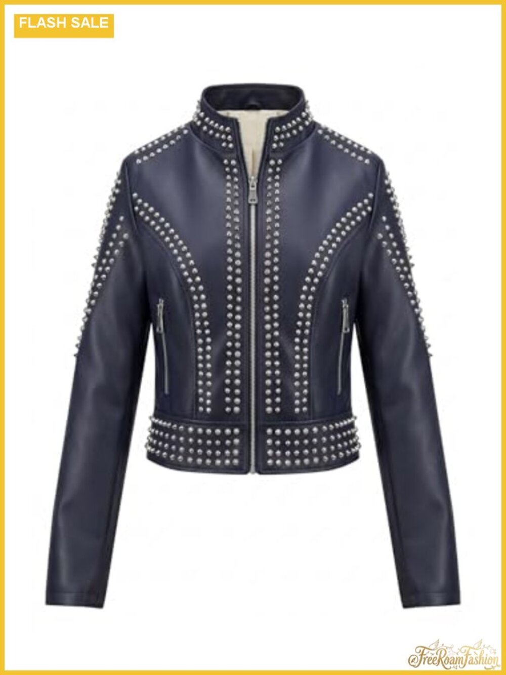 Faux Leather Moto Studded Rivet Casual Jacket Fitted Zip Biker